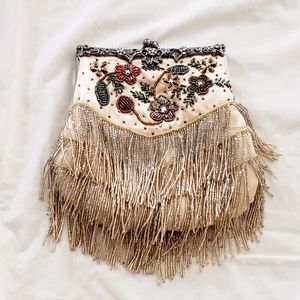 Vintage Beaded Clutch Cream Floral Bead Design